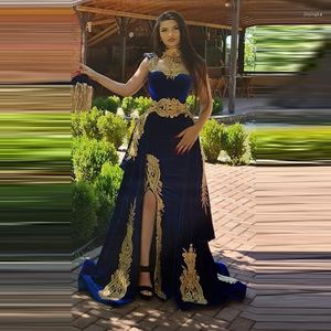 Party Dresses Royal Blue Mermaid Velvet Prom Gold Lace Long Evening Gowns Marockan Custom Made Saudi Arabic Sleeveless Fromal Dress