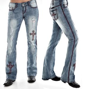 Kvinnors jeans broderade tvättade vita jeans smala byxor kvinna hög midja byxor 230330