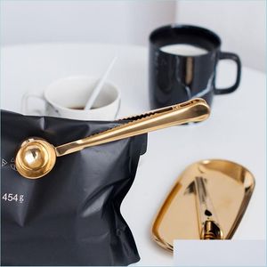 Coffee Tea Tools Gold Stainless Steel Scoop Mtifunctional Bag Sealing Clip Ground Spoon Drinkware Drop Delivery Home Garden Kitche Dhbwi