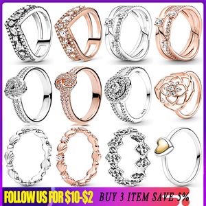 925 Silver Women Fit Pandora Ring Original Heart Crown Fashion Rings Rose Gold Ring Sparkling Triple Band DoubleBone Halo