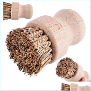 Cleaning Brushes Kitchen Sisal Palm Brush Round Handle Bamboo Wooden Scrubbers For Washing Cast Iron Pan Pot Drop Delivery Home Gard Dhit9