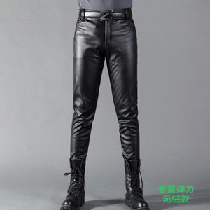 Men's Jeans Summer Mens Business Slim Fit Stretchy Black Faux Leather Pants Male Elastic Tight Trousers PU Shiny Pencil A71002 230330