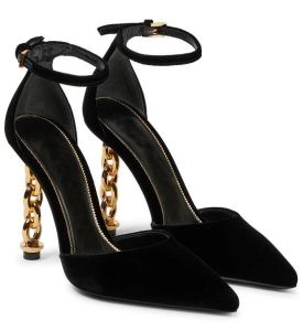 23F/W Mode Vorhängeschloss Sandalen Schuhe Frauen Spitze Naked Slingback Lock Key Gold-Ton Kette Ferse Spitz Pumps Dame Party Hochzeitskleid EU35-43