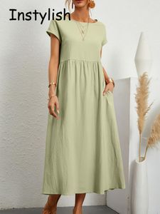 Casual Dresses Women's Elegant Solid Maxi Dress Summer Short Sleeve O-Neck Vintage Native Cotton Linen Loose Sun Dress Y2K Pocket Long Dress 230330