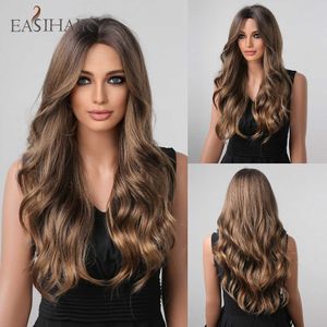 Синтетические парики Easihair Long Natural Wavy Синтетические парики волос Ombre коричневая средняя часть косплей для чернокожих женщин термостойкость 230227