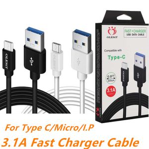 Olesit 3.1A Fast Charger USB-kabel 1M 2M 3M Micro USB A till typ C-laddare Datatyp-C-kabel för Xiaomi Samsung Huawei Black White med detaljhandelsförpackning