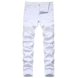 Jeans masculinos homens brancos magro e tamanho 2842 European americano Slim Fit Fold Trend Trend Motorcycle Biker calça sem cinto 230330