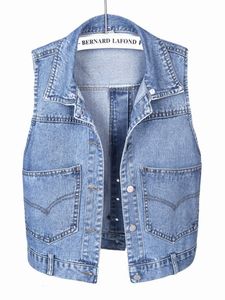 Kvinnors västar kvinnors denim väst blå ärmlös kvinnor jacka koreanska ultratunna jeansjacka enskikt kort midja kappa sommar 230330