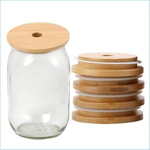 Other Kitchen Tools Bamboo Mason Jars Lids 70Mm 88Mm Wide Mouth With Drinking St Hole Lid Sile Seal Drop Delivery Home Garden Dining Dhmcp