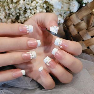 Falsche Nägel Braut Glänzende Strass Hochzeit Damen Einfache Mode Französisch Gefälschte Weiß Beige Acryl Nagelspitzen Mit KleberFalsch