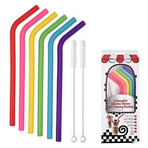 6pcs 2brush/set 23CM Candy Colors Silicone Straw Reusable Folded Bent Straight Straw Home Bar Accessory Silicone Tube FY5192 ss0330