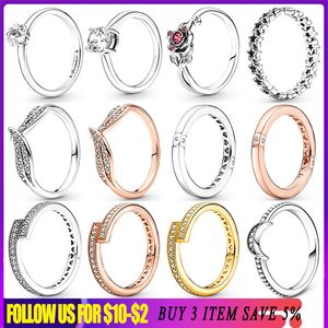 925 Silver Women Fit Pandora Ring Original Heart Crown Fashion Rings Rose Gold Ring Asymmetric Stars Moon Overlapping Leaves