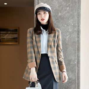 Ternos femininos Blazers 2023 Moda Autumn Women Plaid and Jackets Work Office Lady Lady Slim Butter Butter Business Blazer Coat Top Top