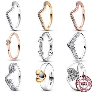 925 Silber Damen-Ring für Pandora, Original-Herzkrone, modische Ringe, ewiges Herz, verschiebbar, asymmetrisch, glänzende Welle, 204144