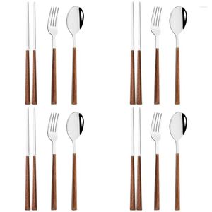 Conjuntos de utensílios de jantar 12/16pcs Conjunto de prata marrom imitação de madeira Calheres coreanos pauzinhos coreanos falhas de faca talheres de mesa de mesa