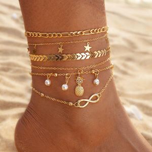 Cavigliere IFKM Bohemia Catena color oro Bracciale alla caviglia sulla gamba Piede Gioielli Boho Ananas Star Charm Cavigliera Set per accessori donna