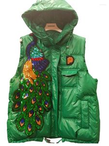Women's Vests 2023 Cotton Padded Hooded Sequin Vest Winter Heavy Industry Rhinestone Peacock Puffer Gilet Women's Quilted