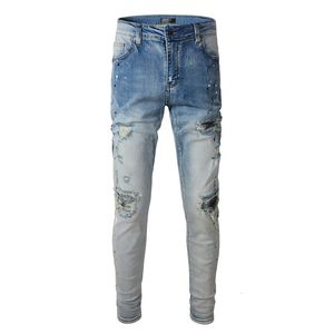 Men's Jeans Light Blue Distressed Slim Fit Graffiti Streetwear Bandanna Ribs Patchwork Skinny Stretch Holes High Street Ripped 230330