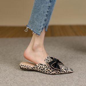 Sandals Summer Leopard Print Women Pointed Toe Bowknot Flat Fashion Slingback Slip On Shallow 230329