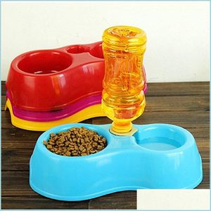 Cat Bowls Feeders Pet Feeder Plastic Dual Port Matic Water Drinking Feeding Basin For Cats Dogs Drop Leverans Home Garden Supplies DHQ1Z