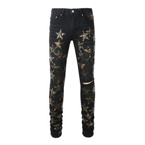 Herrenjeans Schwarz Distressed Streetwear Goldene Sterne Aufnäher Slim Stretch Skinny High Street Fashion Style Ripped 230330