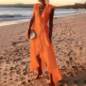 Casual Dresses Bohemian Women Dress V Neck Solid Color Short Sleeve Irregular Hem Long Summer Sexy Beach Sundress 2023