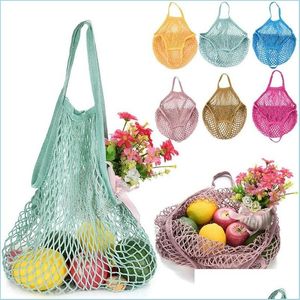 Sacos de armazenamento Malha Net Bag String Shop Cestas Tote Tecido Reutilizável Frutas Legumes Bolsa Drop Delivery Home Garden Housekee Organiz Dhxc1