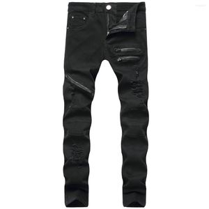 Men's Pants 2023 Mens Fashion Pencil Solid Color High Waist Ripped Trousers Zipper Design Close-Fitting For Men Black/White/Red