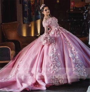2023 Pink Vintage Quinceanera Dresses Ball Ball Off Hounder Lace Seques 3D Floral Flowers بالإضافة