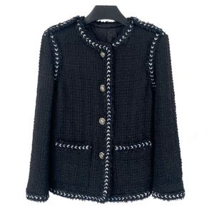 Vårkontrast Trim Weave Wool Tweed Jacket svart långärmad runda nackfickor enbröd jackor kappa korta outwear A2N086409