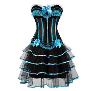 Bustiers & Corsets Women Burlesque Corset Dress Vintage Lace Bow Satin Buistier Sexy Striped Lingerie Top With Mesh Mini Tutu Skirt Set S-6X