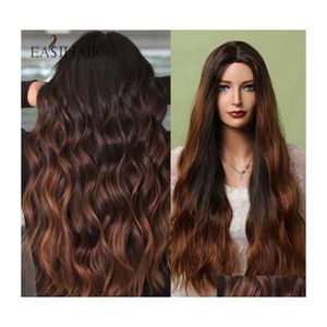 Syntetiska peruker Easihair Lång chokladbrunt hår peruk Dark Caramel Highlights Wavy Natural Heat Resistant Cosplay Drop Delivery Produ DHPQI