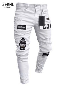 Męskie dżinsy elastyczne rozryte chude haftowane białe spodnie zniszczone otwór Slim Fit Dżins Wysoka jakość Hip Hop Men Men 230330