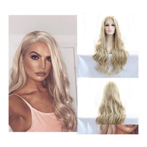 Syntetiska peruker Lång spetsfront peruk Guld ombre Blond Curly Body Wave For Black Women Frontal Cosplay Drag Queen Everyday Hair Drop D Dhoyg