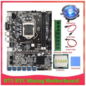 Dekorativa figurer B75 BTC Mining Motherboard 12 PCIe till USB LGA1155 DDR3 4GB 1600MHz RAM G1620 CPU SATA Cable Eth Miner