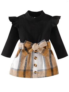 Kläder sätter barnflickor klänning kostym långärmad hög hals stickning fast färg skjorta pläd halv midjebälte