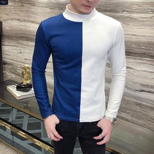 Men's T Shirts Black White T-shirt Men Club Outfits Long-sleeved Turtleneck Shirt Homme Slim Fit Tee Contrast Stitching Royal