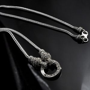 Pendant Necklaces Real Silver Long Chain Retro Women S925 Sterling Marcasite Stone Thai Jewelry 230329