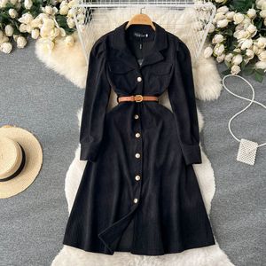 Black Casual Dresses New Vintage Spring Autumn Solid Slim Button Full Lady Dress A Line Turndown Collar Chiffon Single Breasted Dresses 2023