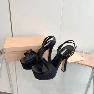 Women Shoes Miu Mm Bow Platform Sandals Satin Sculptural Heel Ankle-strap Bold Logo Hardware Italy Fashion Original Box 14cm Heel 4.5cm Platform