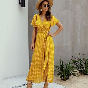 Casual Dresses Summer Long Dress Women's Polka Prickar Sexig V-ringad Ruffled Short Sleeve Beach Holiday Summer Dress Women's Lace Wrapped Party Dress 230330