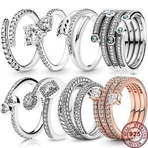 925 Srebrne kobiety dopasowane Pandora Pierścień Oryginalne serce Crown Pierścienie moda wykwintna miłość rozłożona wielowarstwowa strzała