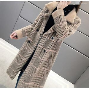 Women's Fur Imitation Mink Cashmere Coat Mid Long Faux Velvet Jacket 2023 Winter Fall Loose Slim Thick Plaid Soft Jackets