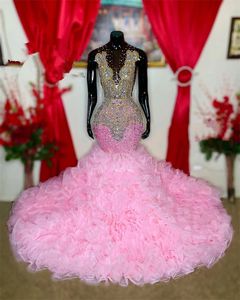 Pink O Neck Long Prom Dresses For Black Girls Sparkly Sequined tiered Ruffles skirt Evening Gown Beaded Crystal Robe De