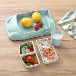 Servis uppsättningar 1set Creative Cartoon Car Shape Baby Plate Bamboo Fiber PP Bowl Cup Children Presentbordsartiklar Kid Feeding Dinner