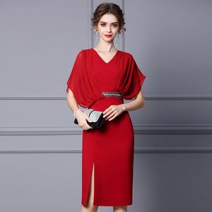 Casual jurken Red Dress Summer High Sense V-Neck Evening Jurk High Taille Diamond Party Bag Hip Hop Dress 230330