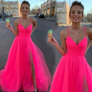 Prom Party Gown Formal Evening Dresses A Line V-Neck Spaghetti Floor-Length Sweep Train Tulle long Backless Sexy Thigh-High Slits