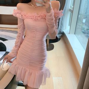 새로운 디자인 여성의 봄 여름 주름 패치 워크 긴 슬리브 슬래시 목 핑크 컬러 바디콘 인어 짧은 드레스 SML
