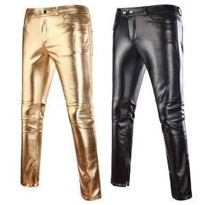 Män jeans herrar mager glänsande guld silver svart pu läder byxor motorcykel män nattklubb scen för sångare dansare avslappnade byxor 230330