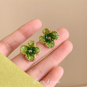 Gradient Crystal Green Flower Stud Earrings Small Fresh Wizard of Oz S925 Fresh Green Flower Ornament